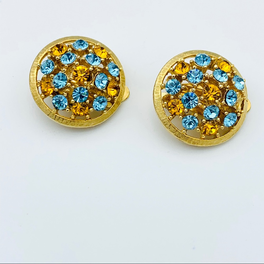 Lisner Vintage Clip Earrings Blue Rhinestones